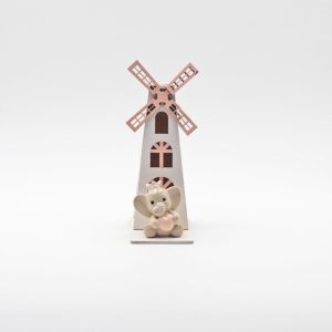Bomboniera in resina elefante con mulino a vento rosa Pz. 1