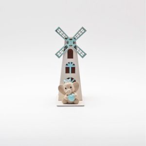 Bomboniera in resina elefante con mulino a vento celeste Pz. 1