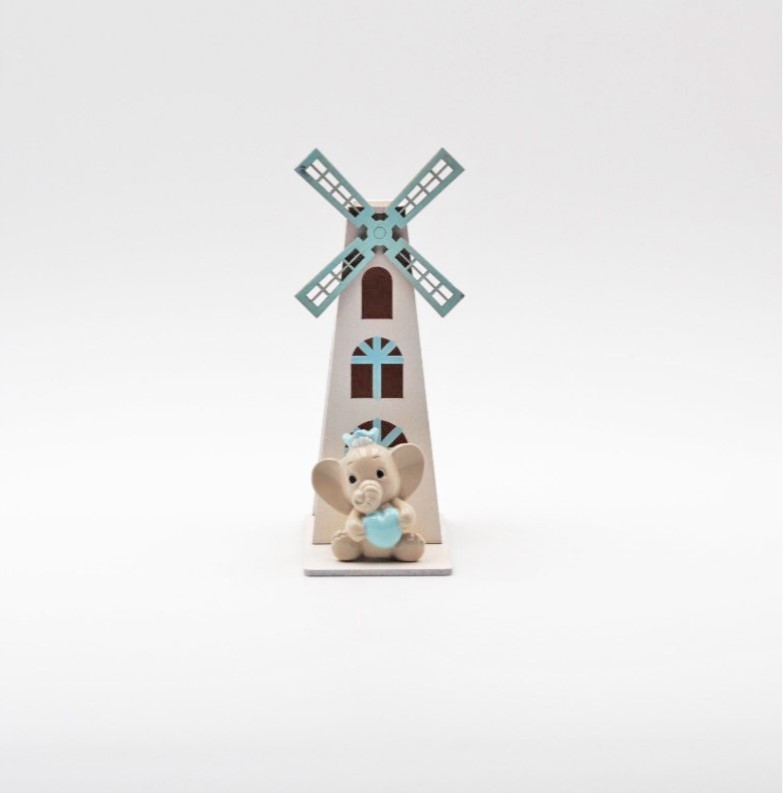 Bomboniera in resina elefante con mulino a vento celeste Pz. 1