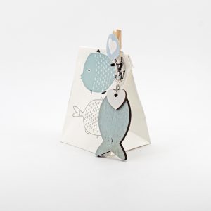 Sacchetto pesci con portachiavi in legno più molletta Pz. 6