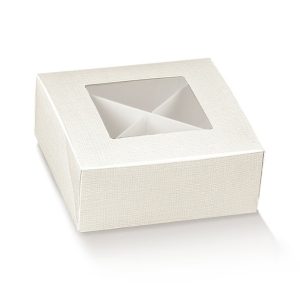 Scatola apertura pratica con finestra trasparente 8 x 8 x 3 cm. seta bianca Pz.10