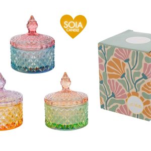 CANDELA SOIA SCATOLA VETRO COLORATO 3 ASS.8xh.10CM PZ. 3