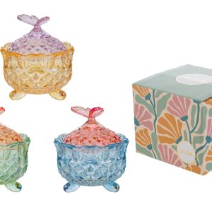 SCATOLA VETRO COLORATO FARFALLA 3 ASS.10,5xh.13CM PZ. 3