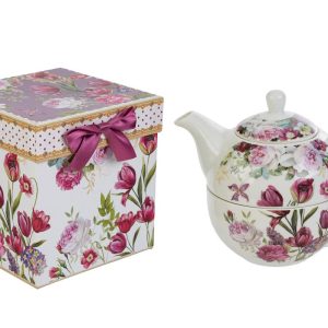 SET TEIERA BOUQUET DI CHARME PORCELLANA C/ASTUCCIO 14×14,5 CM.