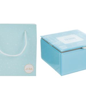 SCATOLA VETRO CELESTE 12x12xh.7CM C/SHOPPER 156643