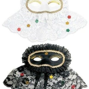 Domino decorata con Bautta in pizzo nera – mascherina con veletta- WIDMANN 6453B