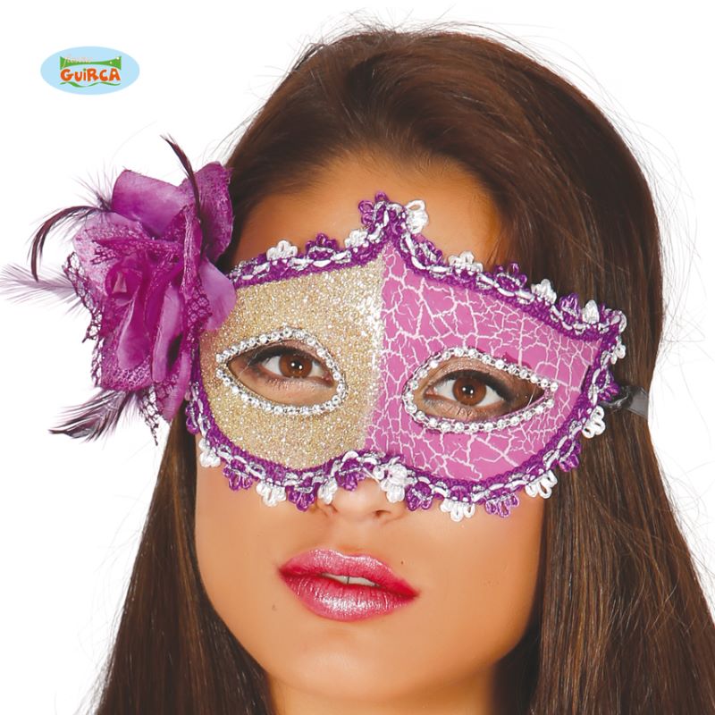 Domino Mascherina LILLA CON GLITTER ORO Fiore e Piumetta – GUIRCA 12725 – 8434077127254 - immagine 3