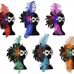 Domino Maschera argento con piume nere-rosse-blu