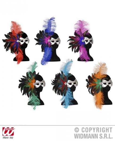 Domino Mascherina con piume laterali -WIDMANN 8003558643707 argento con piume blu/rosse/nere