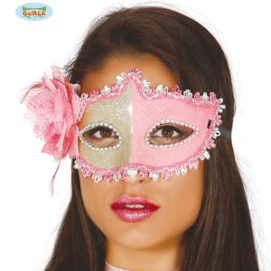 Domino Mascherina ROSA  CON GLITTER ORO Fiore e Piumetta – GUIRCA 12724-8434077127247